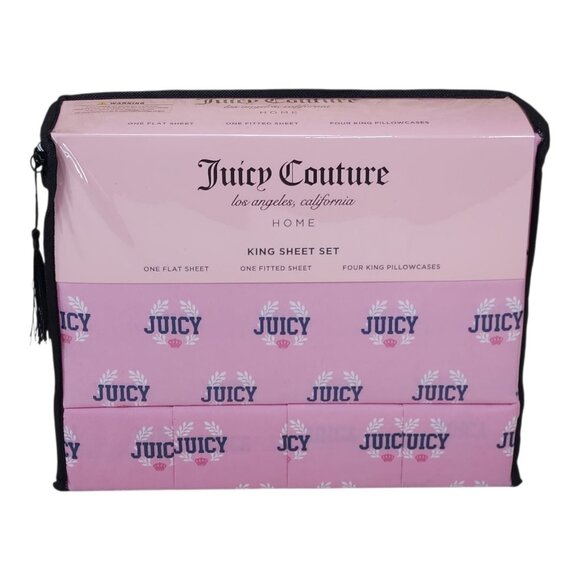 Juicy Couture King Sheet Set Pink Juicy Logo Print 100% Polyester Machine Wash - Picture 1 of 9